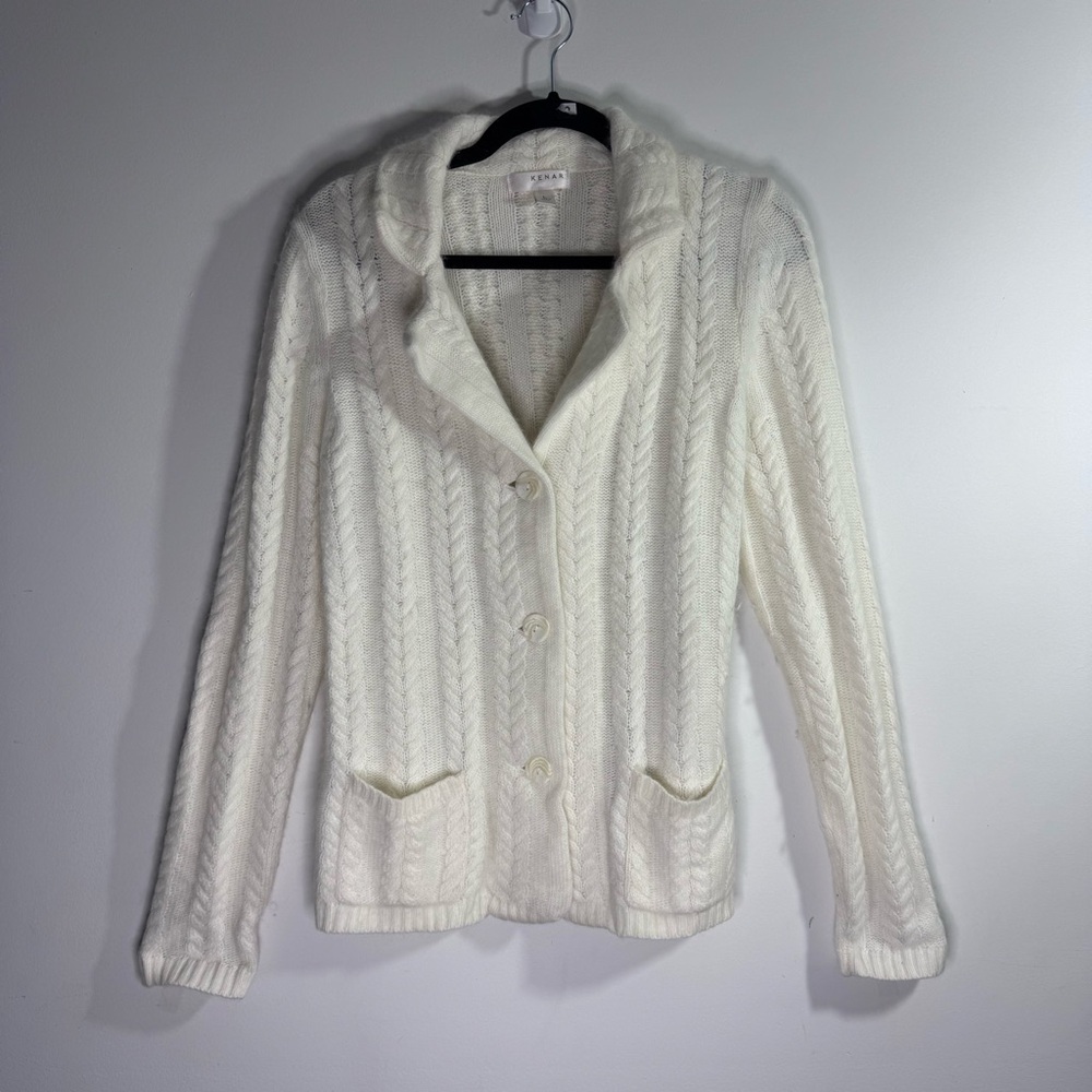 Kenar Angora Blend Cable Knit Cardigan Ivory Shawl Collar Size L